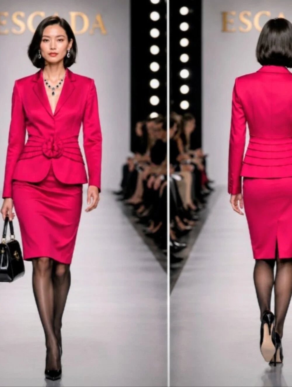 ESCADA 38/8 RASPBERRY QUALITY SILK TAILORED RAISED FLORAL TRIM PEPLUM SKIRT SUIT